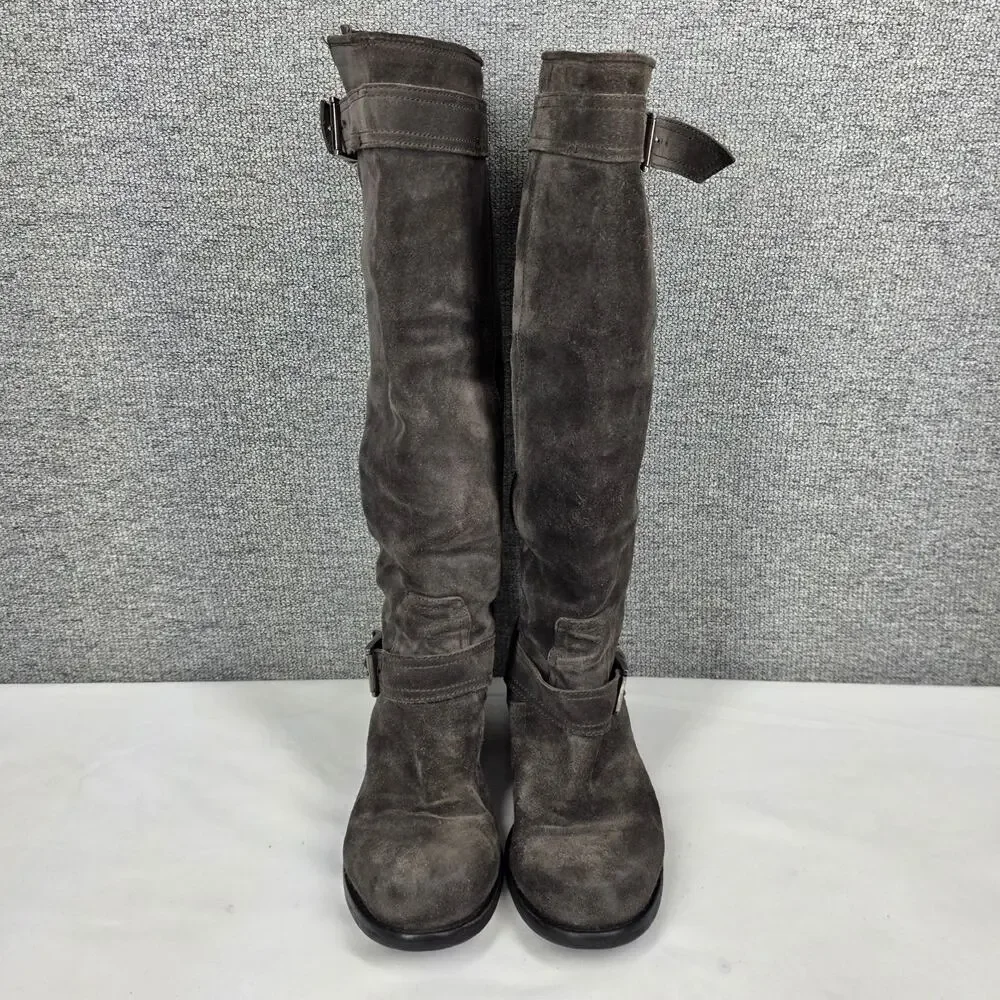 AGL GRAY SUEDE TALL RIDING BOOTS SIZE 36 EU / US 6 BUCKLE HEEL MINIMALIST CHIC